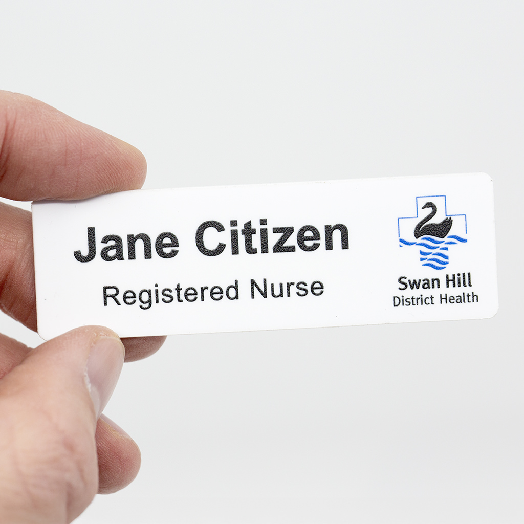 Magnetic name badge for a registered nurse showing the name Jane Citizen and the Swan Hill District Health logo.